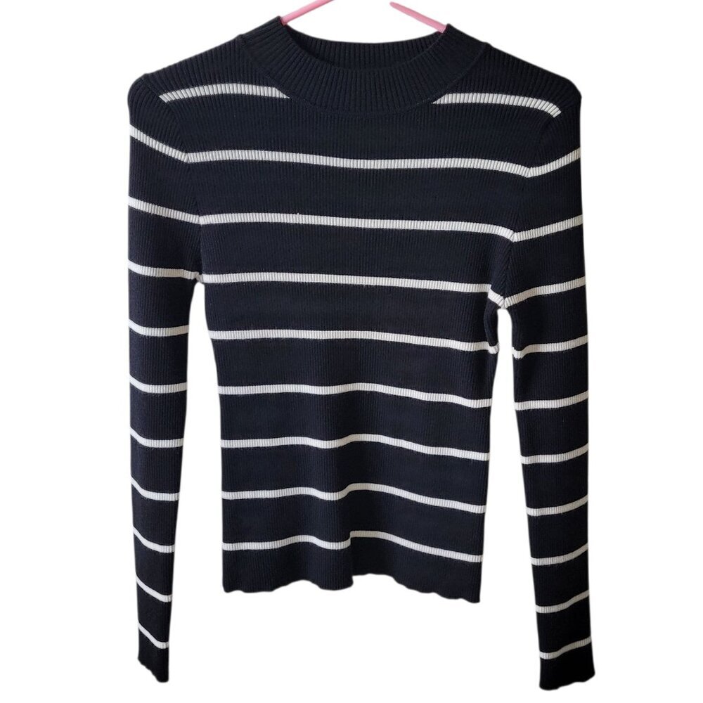 Womens Mock Neck Striped Sweater Black & White Salty Wave Small Minimalist